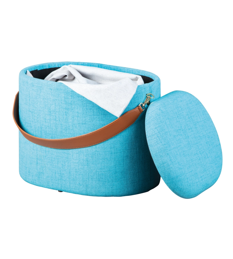 Pouf azzurro con contenitore e maniglia in ecopelle, 42x30x36cm